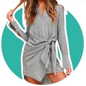 Lulu’s Long Sleeve Dress Poised and Proper Striped Knotted Collard Wrap Dress